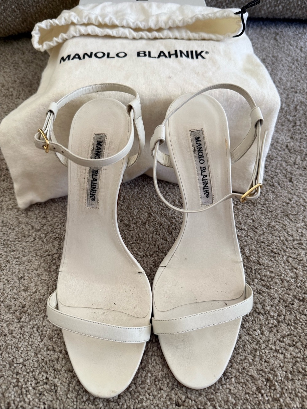 Manolo Blahnik White Leather Open-Toe Ankle-Strap Heels - Picture 2 of 5